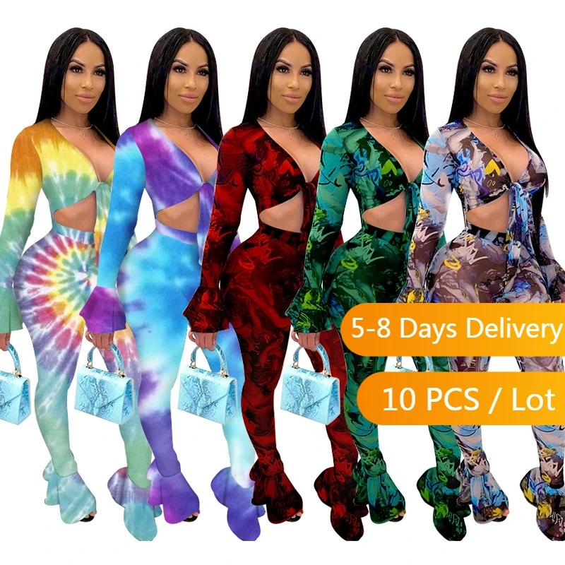 

Wholesale Items Sexy Two Piece Set Women Spring Long Sleeve Crop Top Flare Pants Set Clubwear Mesh Tie Dye Bodycon Rave Outfit