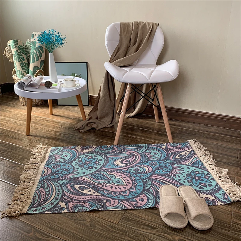 

Handmade Printing Tassel Woven Rugs Cotton Carpet Floor Mat Blanket Bedroom Living Room Home Decor Foot Pad Prayer Mat 50*80CM