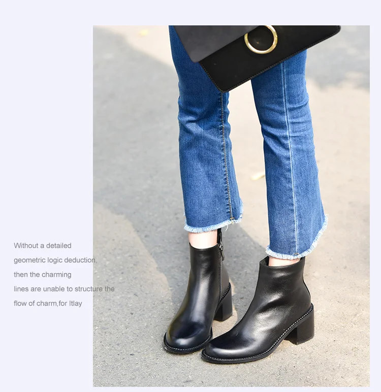 Donna-in/черные женские ботильоны на высоком квадратном каблуке; женские ботинки из натуральной кожи; Осенняя обувь на молнии; резиновые сапоги с металлической цепочкой
