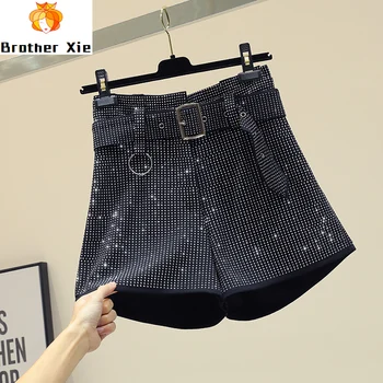 

Spring Fashion Shorts Women 2020 New High Waist Slim Wide Leg Trouser Female Chic Heavy Diamond Shorts Ladies Boots Shorts