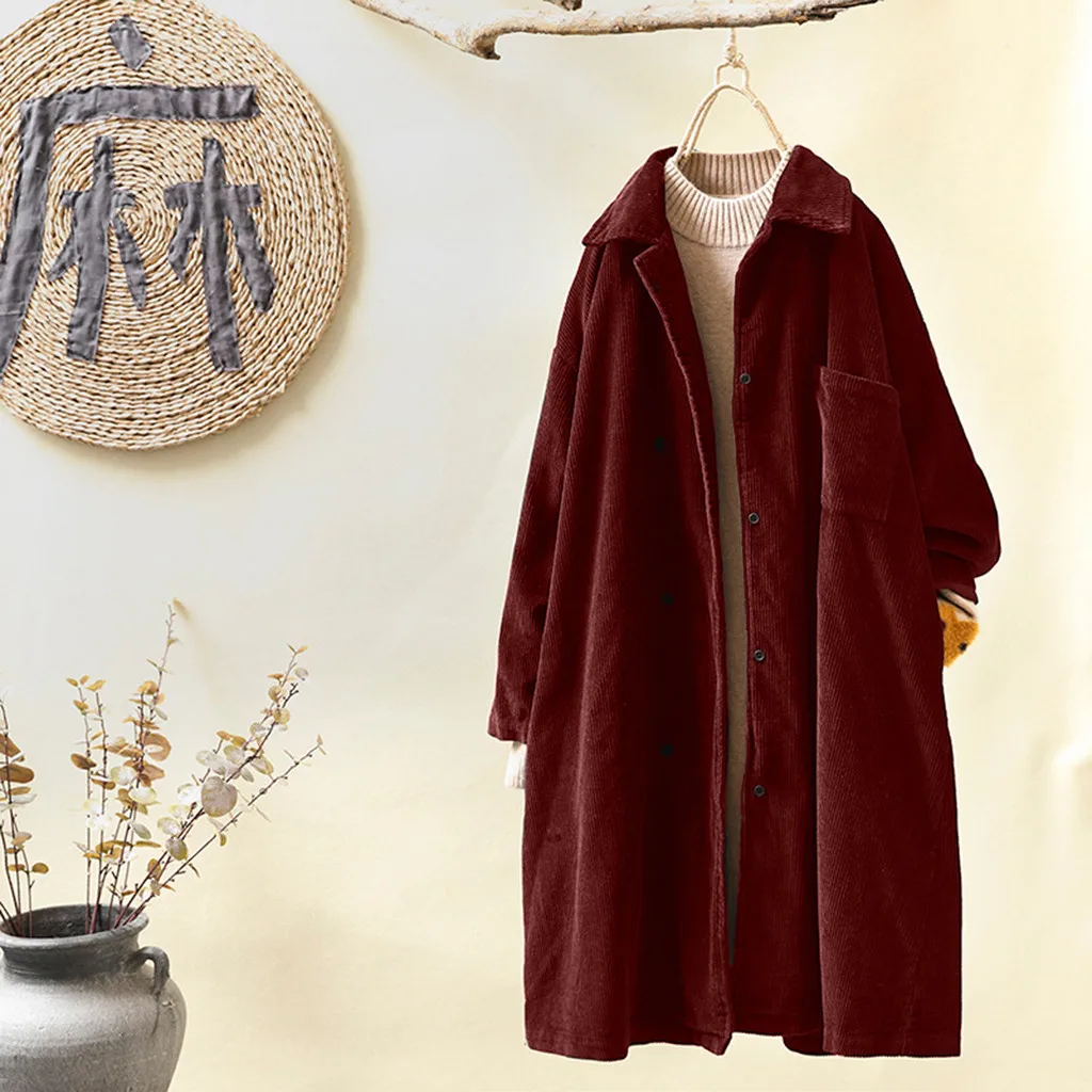Women Vintage Pockets Coat Autumn Winter Warm Corduroy Solid Button Sleeve Loose Casual Coat Plus Size Female Outer#118