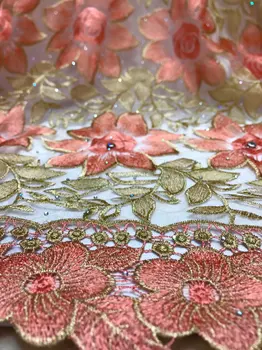 

New Arrival 3D African Dry Lace Fabric Peach Gold Embroidery French Mesh Lace Fabrics With Rhinestones For Nigerian Party Dress