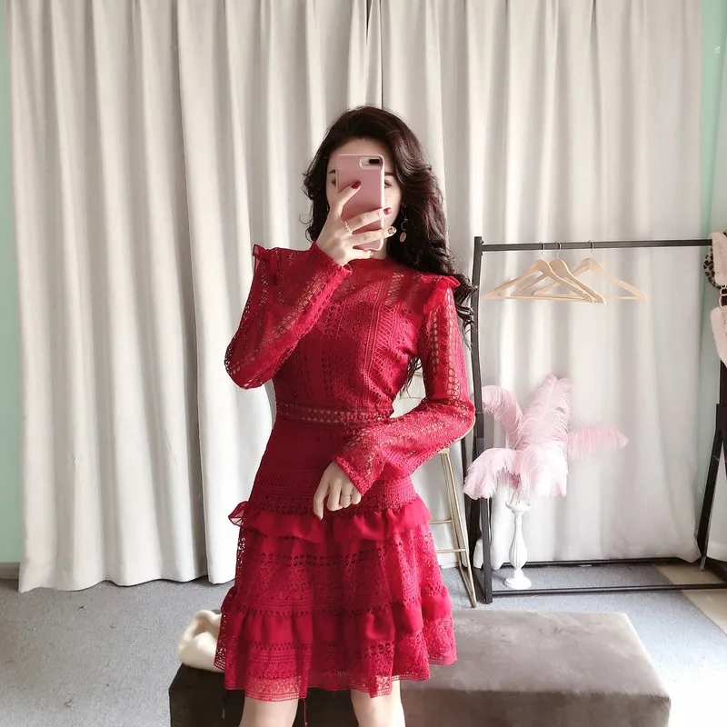 

2019 New Runway self portrait Women Long Sleeve Lace Hollow Out Ruffles Dress High Quality Women Party Work Dresses Vestidos
