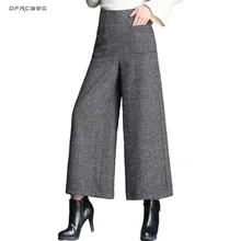 Осенне-зимние шерстяные клетчатые женские широкие брюки для офиса с высокой талией, Женские винтажные шерстяные свободные брюки длиной до щиколотки
