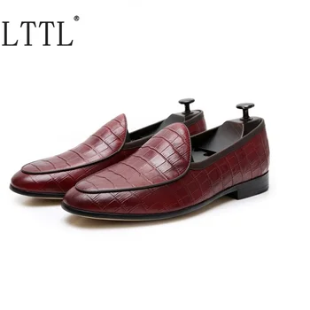 

LTTL New Arrival Wine-red Crocodile Pattern Leather Loafers Handmade Slip On Casual Shoes Summer Men's Party And Wedding Shoes