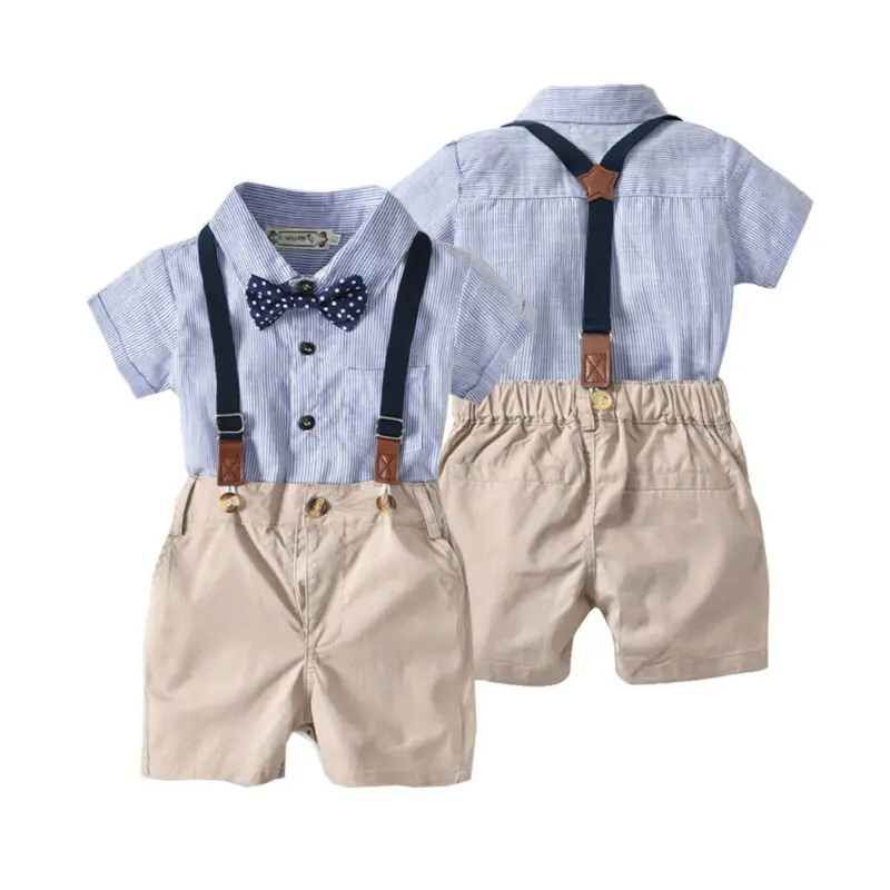 

Newborn Infant Baby Boy Clothes Baby Striped Formal Romper+Overalls Pants 2pcs Wedding Outfits Set Gentleman Boys Bowtie Suits