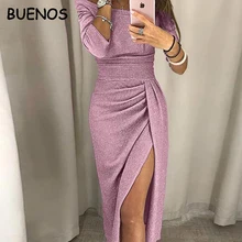 BUENOS длинное сексуальное платье с открытыми плечами, вечерние платье Для женщин Высокий разрез Bodycon Shein платье с рукавом «три четверти» Яркий шелковый Блестящий vestidos