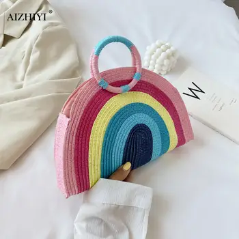 

Women Rainbow Handbag Classic Texture Creative Delicate Design Chic Straw Woven Beach Handmade Totes Rattan Bohemian Clutch