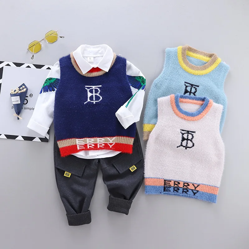 

2020 New Style Spring And Autumn Korean-style Children BOY'S White Shirt Long Sleeve Faux Mink Cashmere Sweater Waistcoat Three