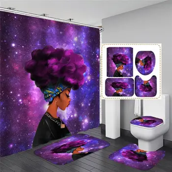 

WomanShower Curtain Bathroom Decor 4pcs Non Slip Toilet Polyester Cover Mat Set
