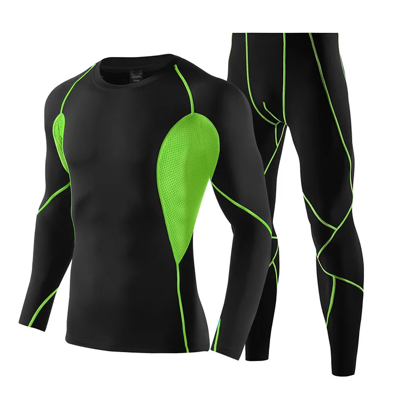 Black Green Компрессионные Мужские спортивные костюмы быстросохнущие эластичные беговые наборы одежда спортивный костюм для бега тренировки Спорт Фитнес спортивные костюмы для бега - Цвет: Black Green