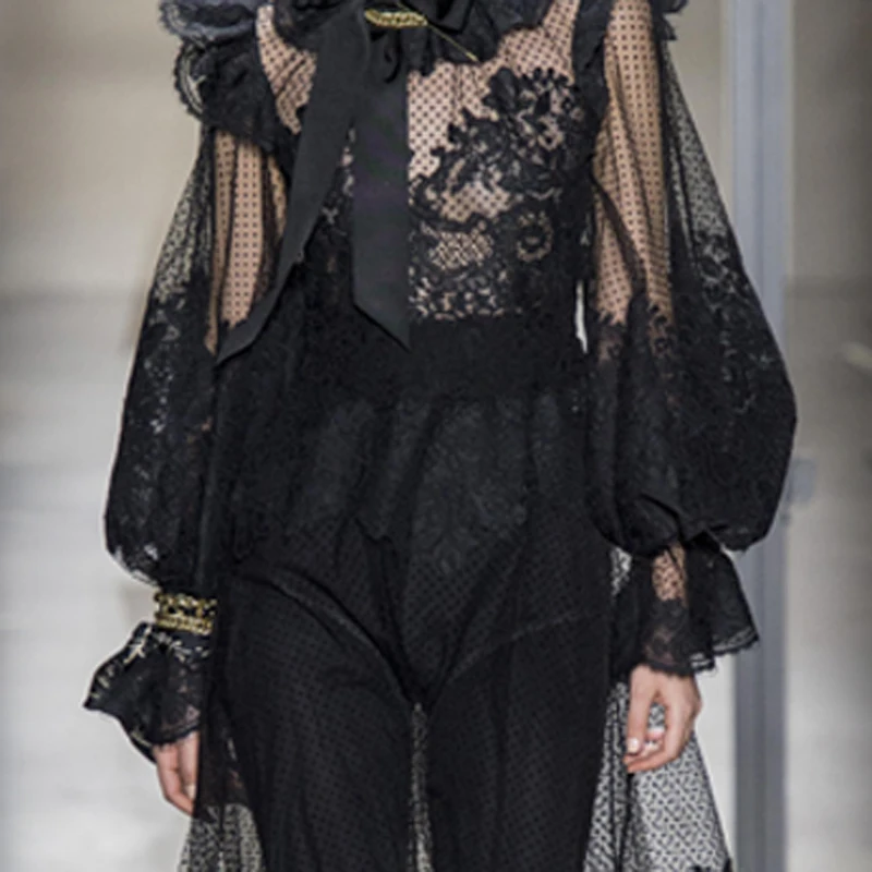 HAMALIEL осень Для женщин лук рукав фонарик, для детей длинное платье Runway дизайнерские черные кружева лоскутное Сетчатое праздничное платье сексуальное открытое платье