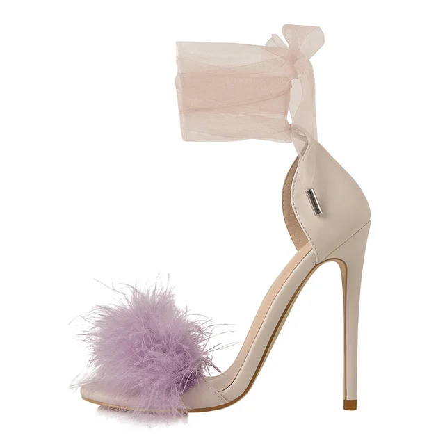 $US $52.49 Onlymaker Fur Feather Summer Sandal Black Purple High Heels Women Open Toe Ankle Strappy Shoes Wedding Dress Evening Party Daily