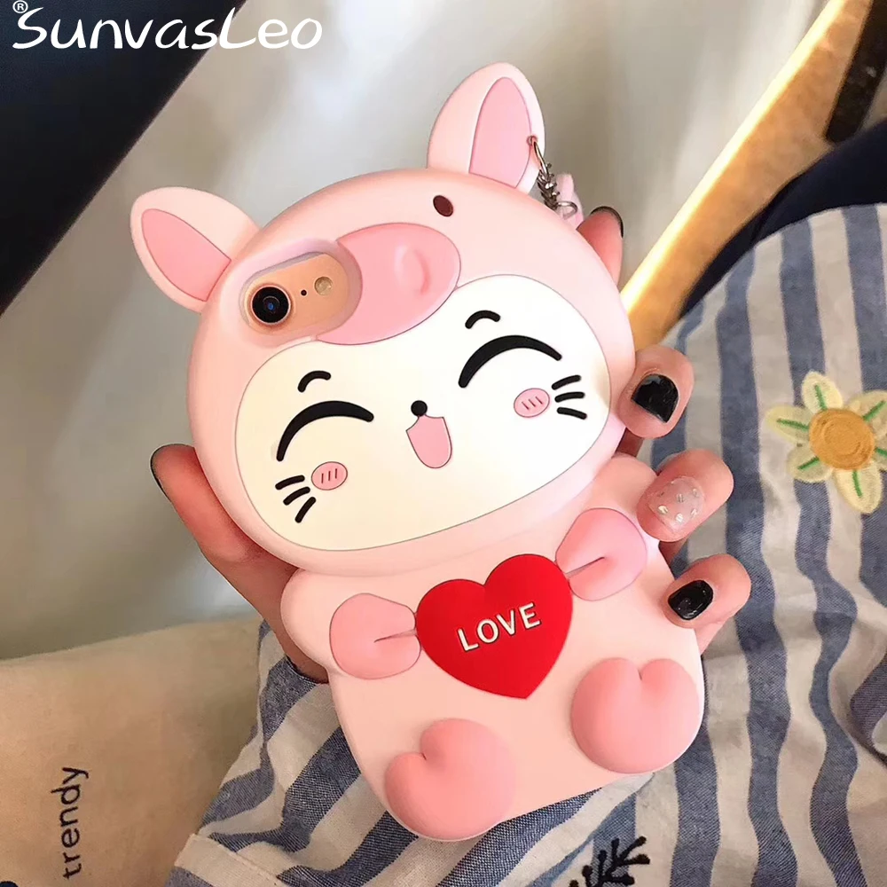 Pink New Lucky Cat Для iPhone 5, 5S, 5C, SE, 6, 6s, 7, 8 Plus, X, XS, XR, XS Max, 3D, милый детский чехол для мобильного телефона с мультяшными животными, мягкий силиконовый чехол-накладка - Цвет: Pink New Lucky Cat