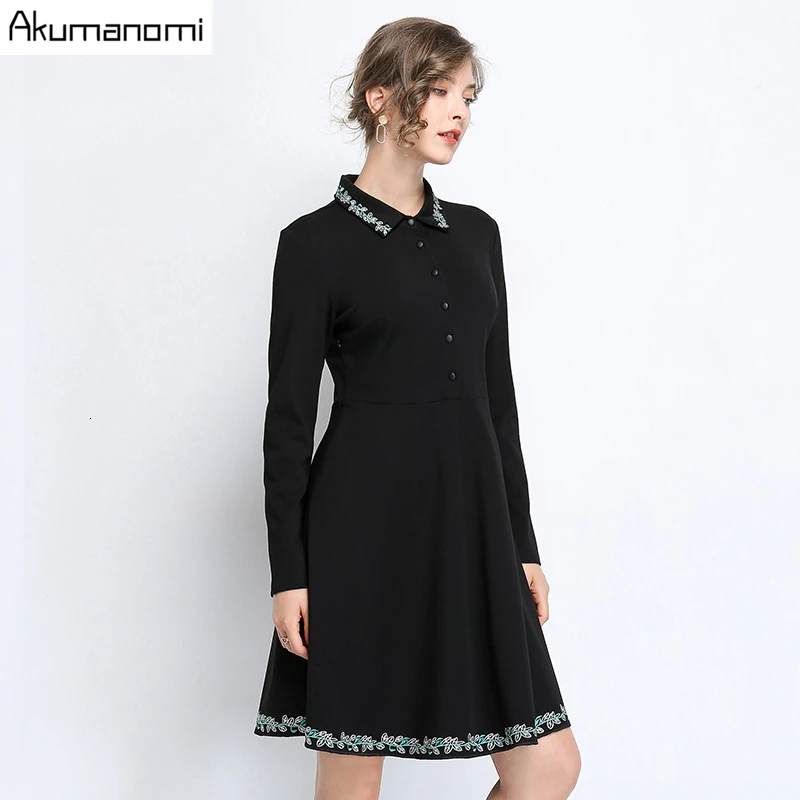 Осенне-весеннее женское платье больших размеров 5xl 4xl с вышивкой, с отложным воротником, с длинным рукавом, черные Повседневные Вечерние платья для офиса, Vestido Robe