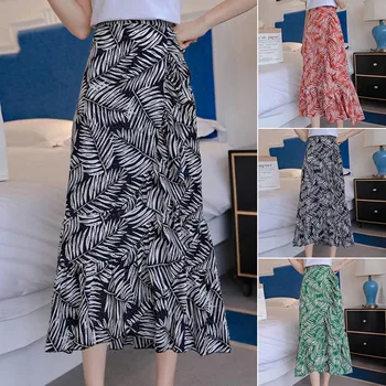 

Chiffon Fishtail Skirt For Women Fashion Mid Calf Skirt Summer Sexy Leaves Printed High Waist Irregular Hem Slim Elegant Skirt