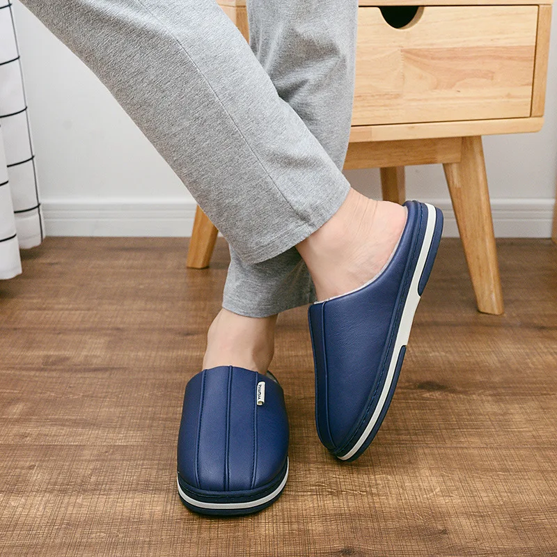 

Men Cotton Slippers Winter Large Size Pu Waterproof Thick Bottomed Indoor Warm Anti-slip Home Household Slippers Men's Winter