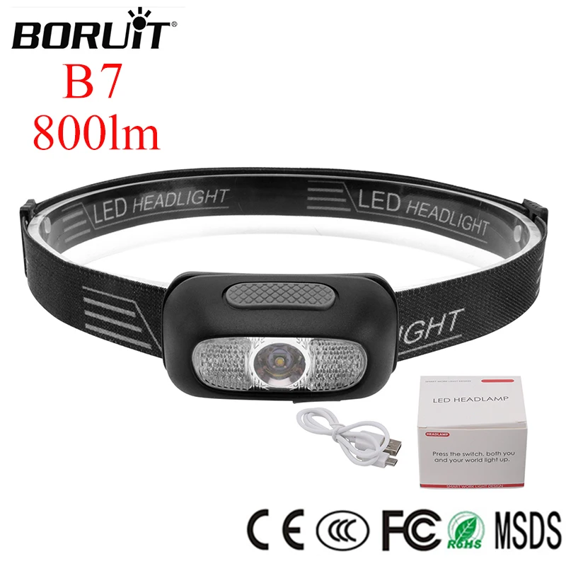 

BORUIT Linterna LED Headlamp Mini USB Headlight Camping Head Lamp B7 800lm Fishing Tent Light for Convoy Sofirn Olight Fenix SOS