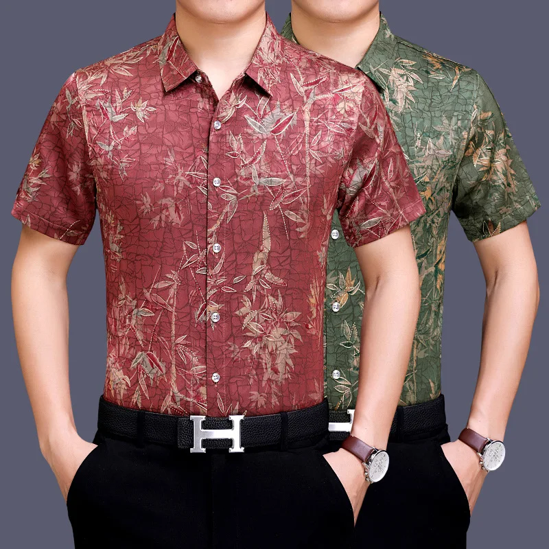 

C-5803 Bamboo leaves 3d printing middle-aged short sleeve shirt Summer New quality soft comfortable luxury cool men shirt M-XXXL