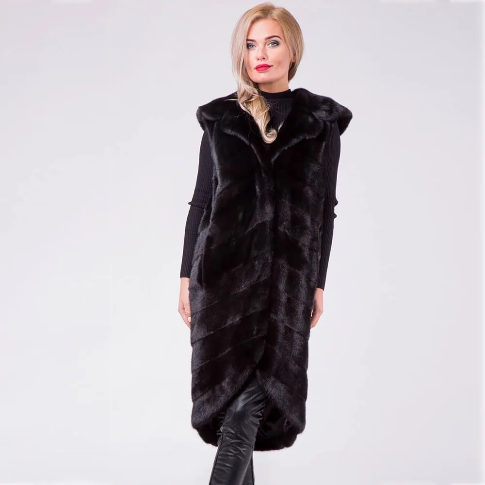 Warm Real Mink Fur Coat Women Winter Gilet Vest Wrap Cloak With hood NEW Jacket Overcoat Female Ladies Fashion Furs Jacket