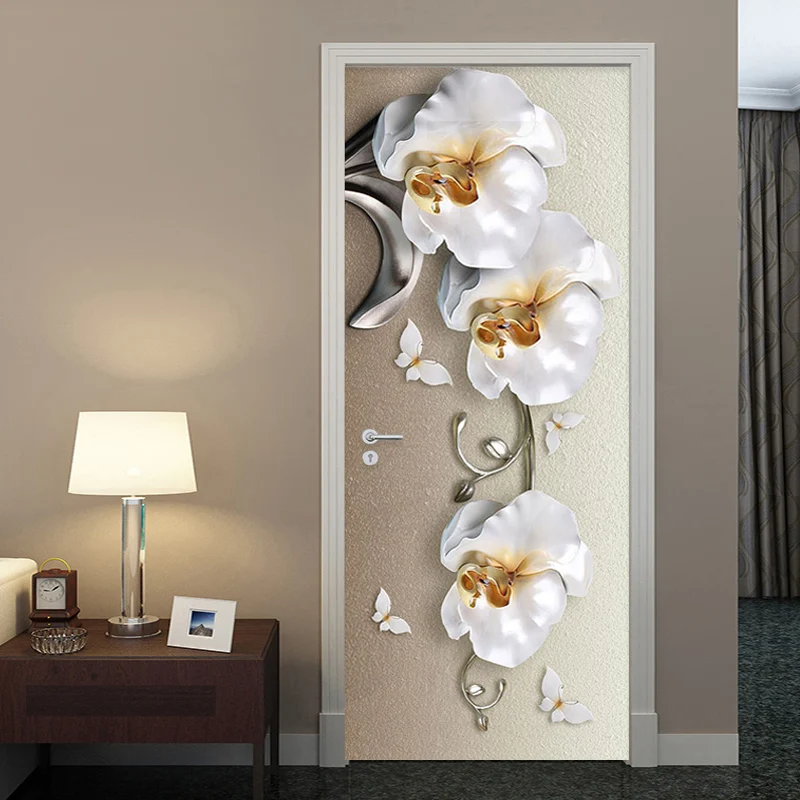 PVC Self-Adhesive Waterproof Door Sticker European Style 3D Stereo Butterfly Orchid Flowers Mural Wallpaper Luxury Wall Stickers