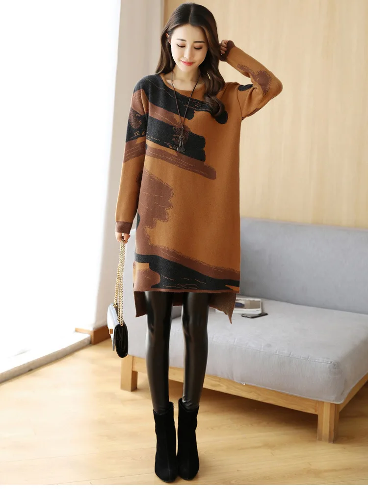 

2018 Spring And Autumn New Style Dress Mid-length Printed Long Sleeve Loose-Fit Straight Skirt Fat Mm Skirt WOMEN'S Dress