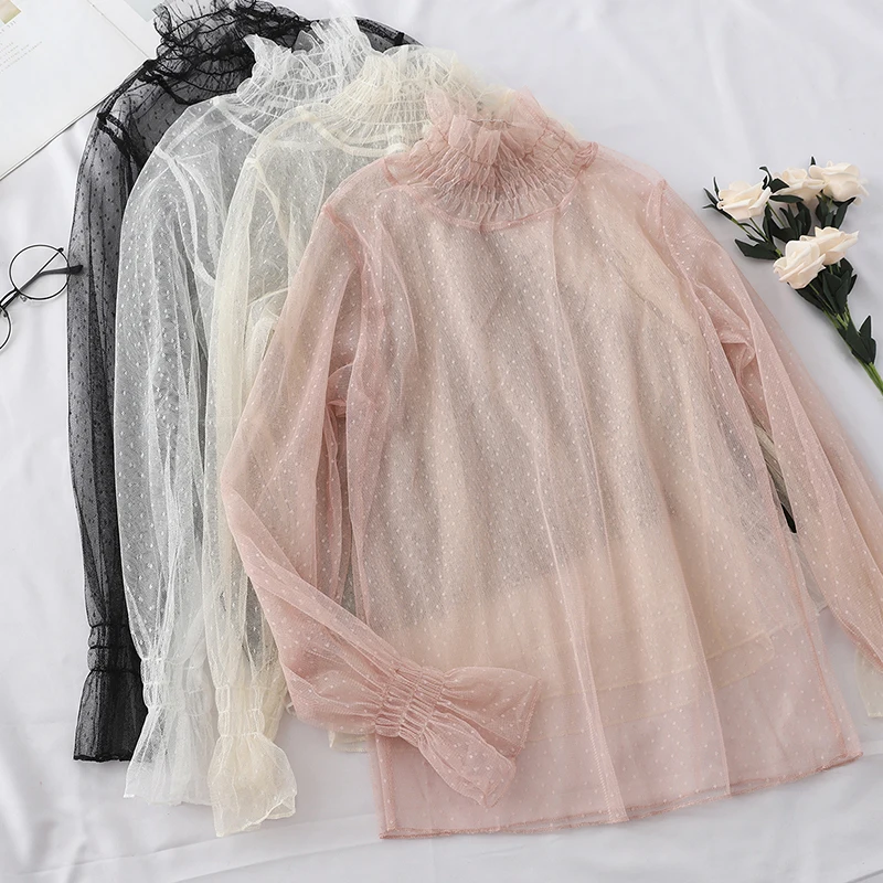 

Women Flare Sleeve Stand Collar Ruffles Basic Shirt Vintage Elastic Slim Pullover Dot Lace Flower Mesh Gauze Tulle Blouse Tops