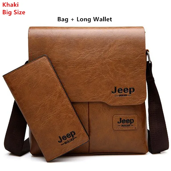 JEEP BULUO Man's Bag 2PC/Set Men Leather Messenger Shoulder Bags Business Crossbody Casual Bags Famous Brand Male Drop Shipping Khaki 1505-2-8068