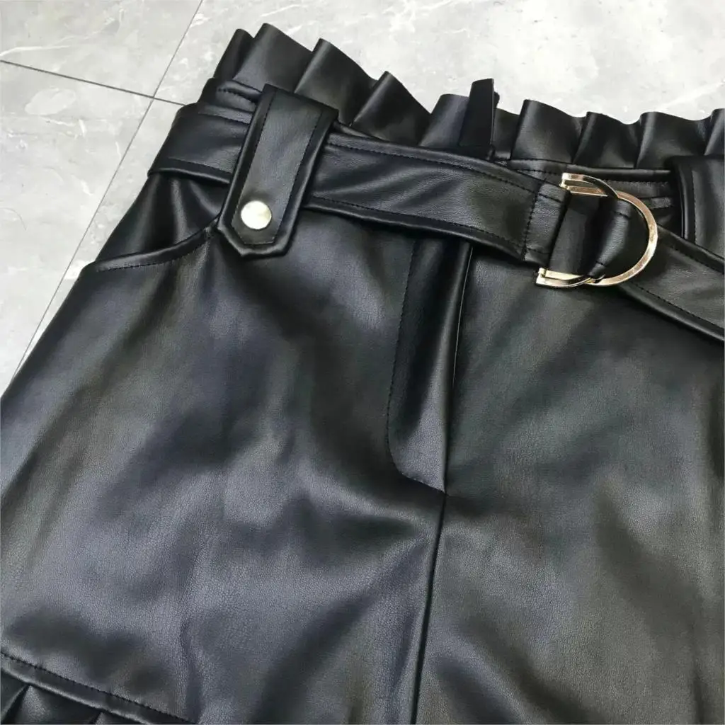 Стильное и изящное из искусственной кожи мини-юбка с поясом модные женские туфли Высокая талия плиссированные женские юбки в стиле casual уличная вечерние Faldas