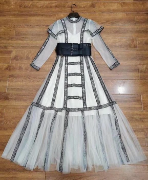

Embroidery Long Dress Runway Fashion Casual Long Sleeve O-neck Dress