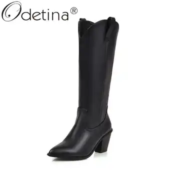 

Odetina Women Retro Non-slip Block High Heel Sewing Long Boots Female Fashion Slip On Pointed Toe Winter Western Knee High Boots