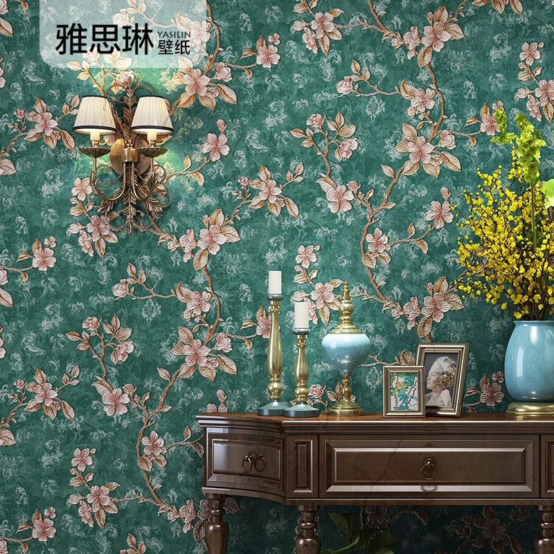 

High quality 3D embossed European wallpaper luxury non-woven fabric American garden floral bedroom living room peacock green