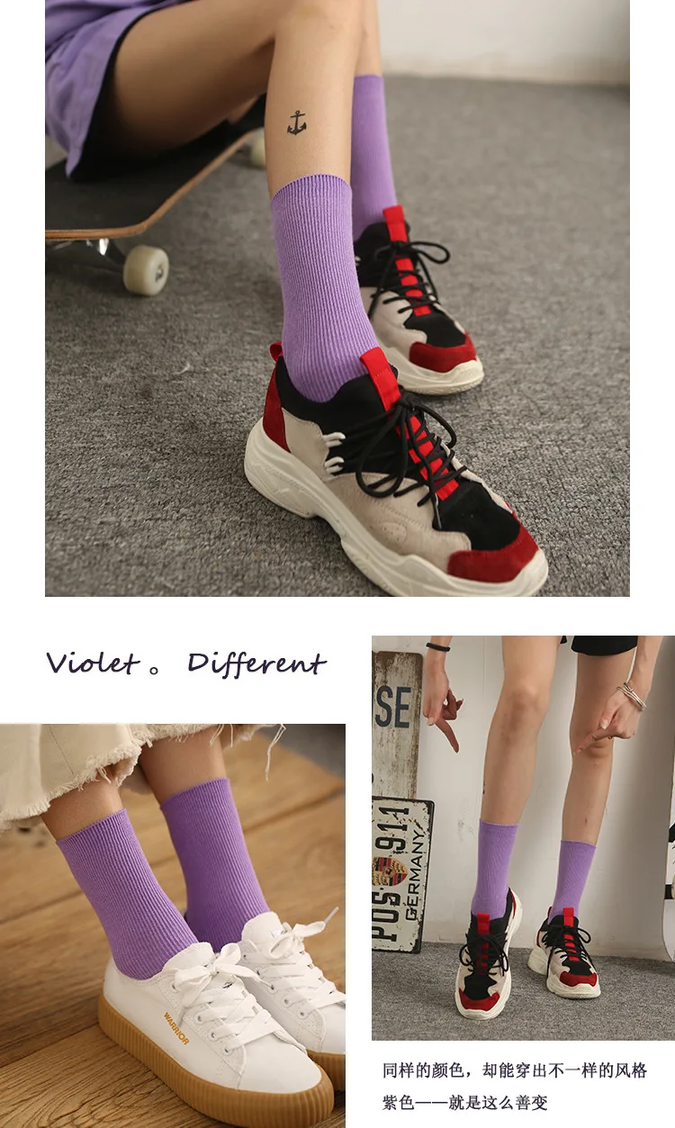 Новые цветные красочные Harajuku стиль ретро женские хлопчатобумажные забавные носки однотонные яркие цвета фиолетовый синий желтый розовый дизайнерские рождественские носки