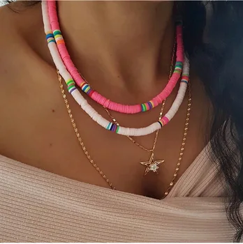 

HUANZHI 2020 New Mixing Colorful Soft Clay Bohemia Choker Short Polymer Clay Necklace for Women Party Vacation Holiday Jewelry