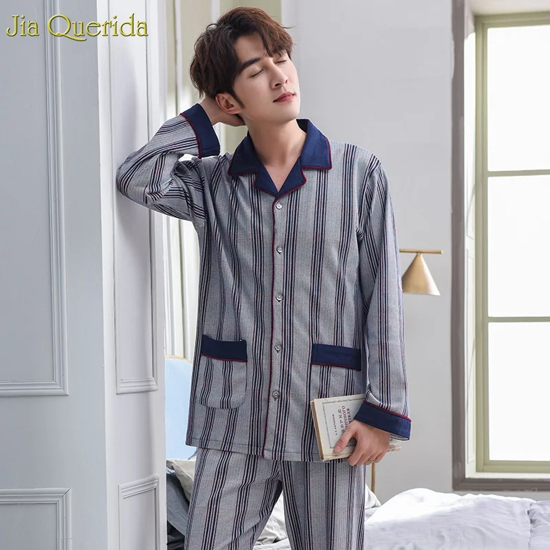 Мужская пижама из 100% хлопка Высококачественная клетчатая с длинными рукавами и