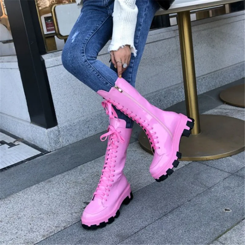 

PXELENA 2020 Candy Color Women Martin Combat Motorcycle Boots Genuine Patent Leather Chunky Heels Platform Autumn Shoes Pink Red