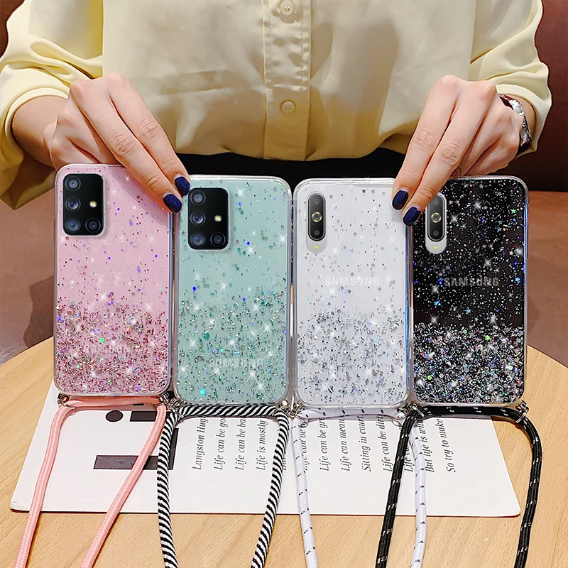 flip phone case With Neck Strap Rope Cord Clear Glitter Case For Samsung Galaxy A51 A50 A71 A70 S20 FE S21 Ultra S10 Plus A72 S22 A12 A32 A52 flip cover with pen