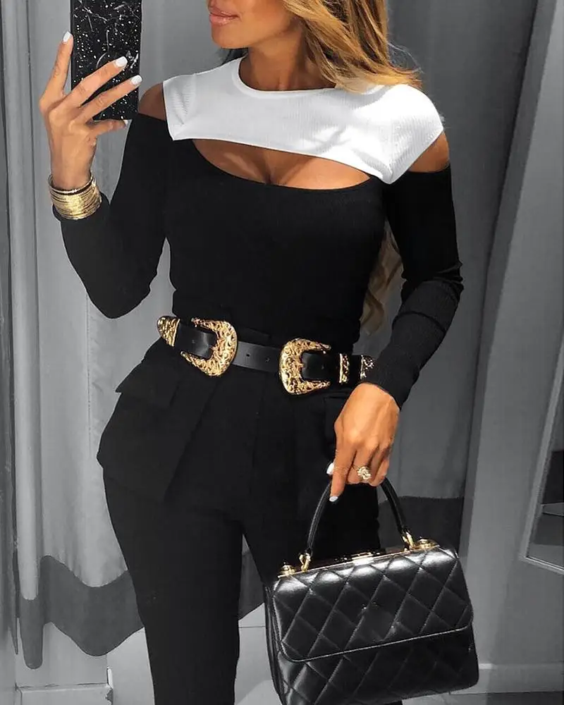 Beste Colorblock Cut Out Ontwerp Lange Mouw T shirt Vrouwen Kleur Patchwork Winter Basic Tops Blusa Mujer T shirt