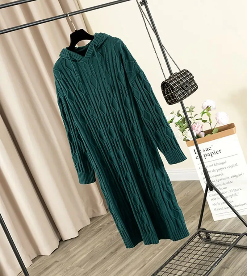 Dark Green 5288 GIGOGOU плотное длинное трикотажное прямое платье макси с капюшоном грубая игла женское платье-свитер эластичный джемпер платье миди для рождественской вечеринки - Цвет: Dark Green 5288