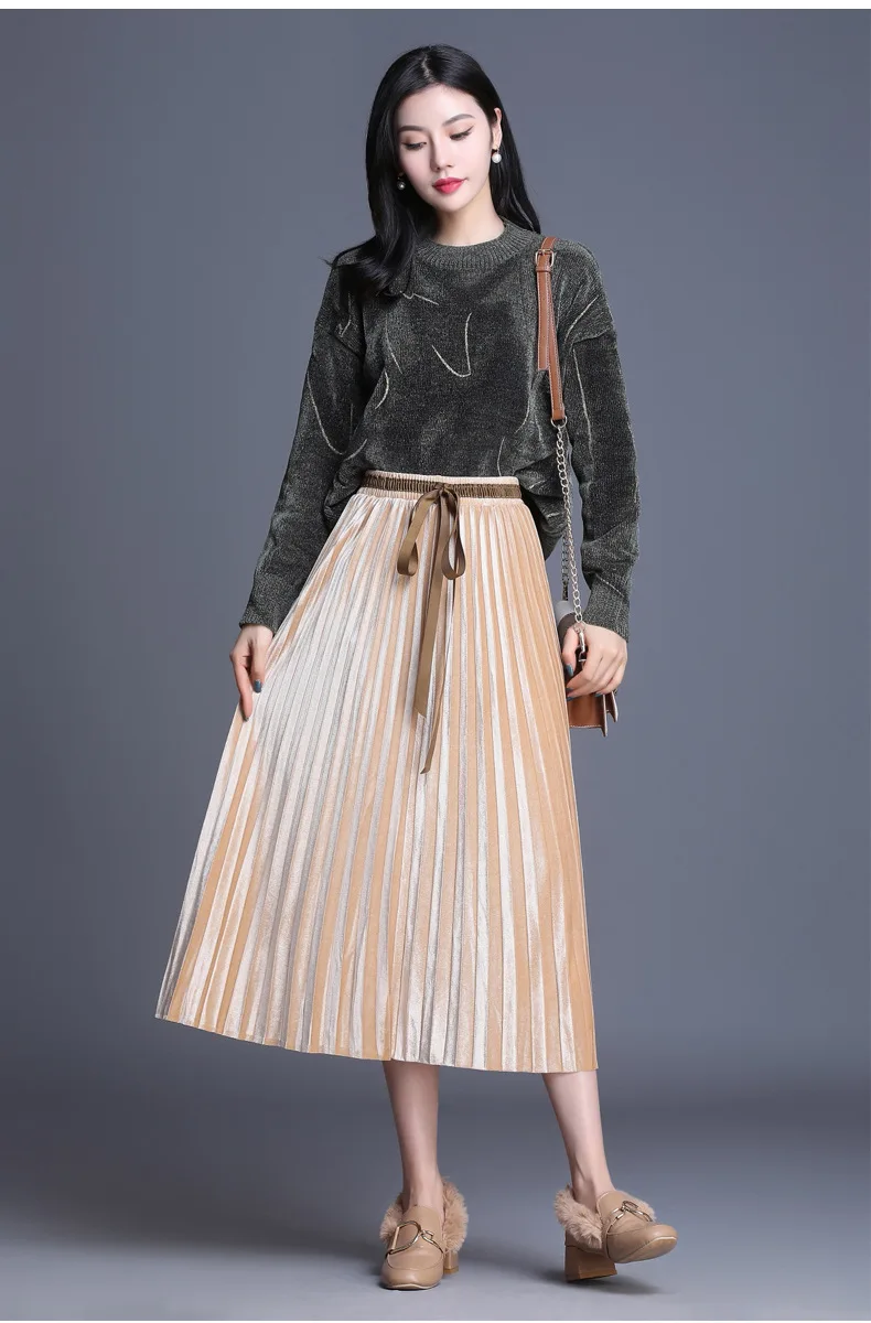 Золотая Бархатная юбка, плиссированная юбка, осенняя и зимняя женская юбка средней длины, новая трапециевидная юбка с высокой талией, юбка выше колена