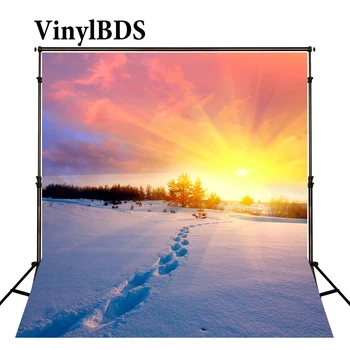 

VinylBDS Winter Backdrops Photography Footprint In Snow Backdrops Scenery Yellow Red Sunshine Background For Photo Studio
