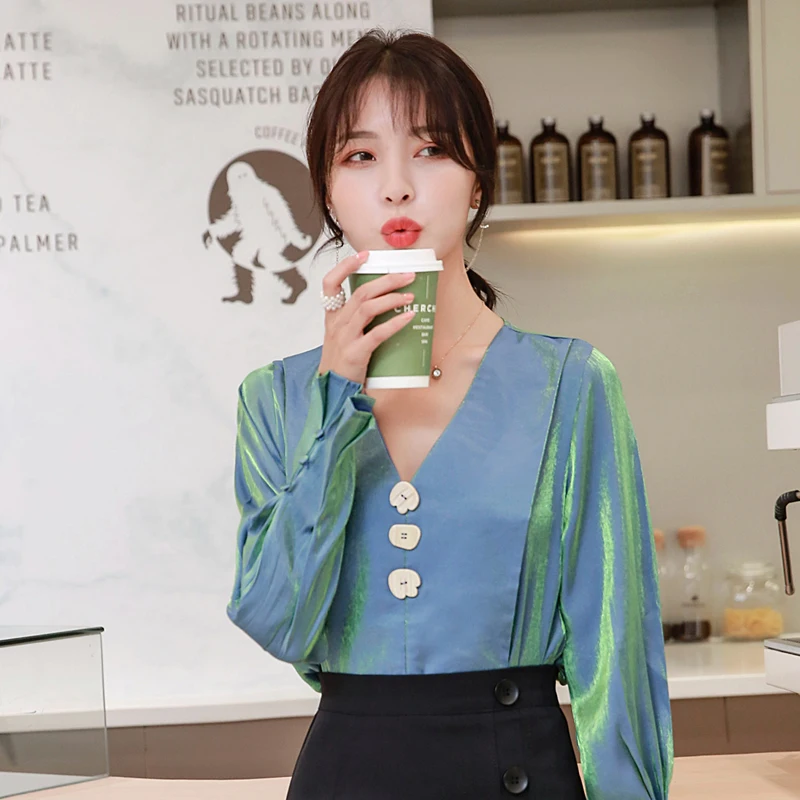 Autumn Women Shirts V-Neck Mermaid Kyi Polarization Western Style Design Feeling Blouse Shirt Blue Apricot 9556