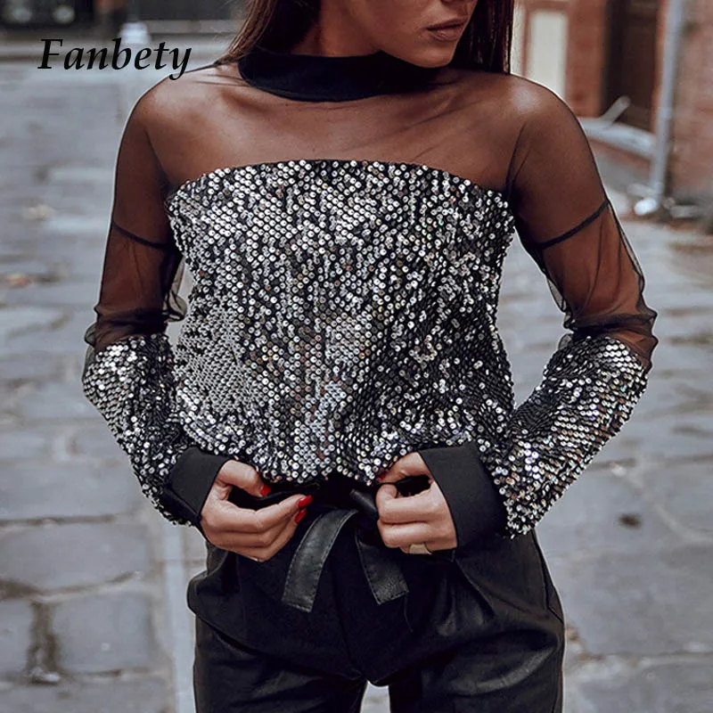 Женская сетчатая Лоскутная Блузка с блестками рубашки Сексуальная кружевная