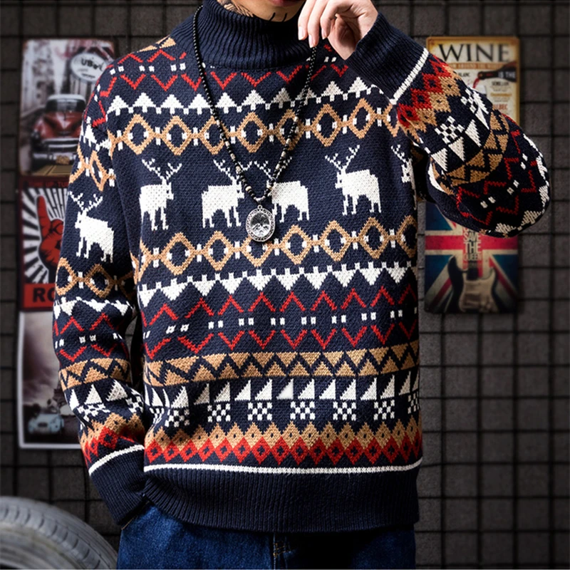 

Men's half high collar sweater deer print autumn spring Christmas Pullover knitted Pullover Sweater slim fit for men's clothes