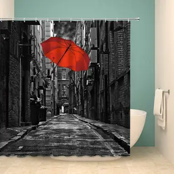 

Black and White Shower Curtain Set Vintage Brick Wall Building Red Umbrella on Street Home Bathroom Decoration 70×70 Inch with