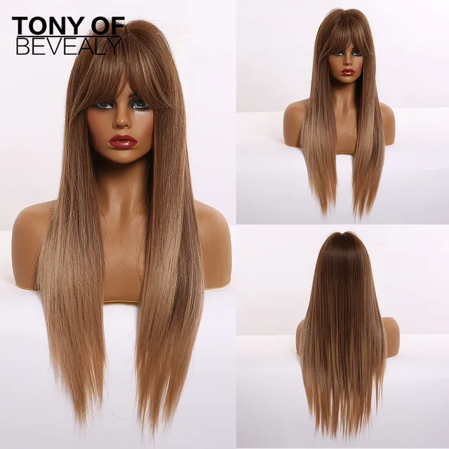 Long Straight Brown Ombre Natural Hair Wigs Middle Part Heat Resistant Synthetic Wigs for Afro Women Daily Cosplay Fashion Wigs lc244-1