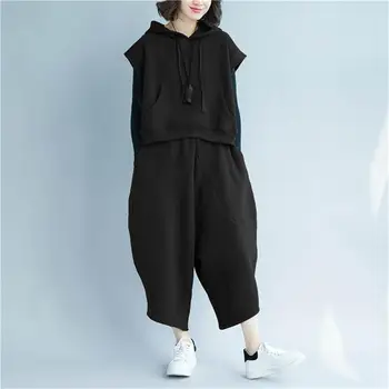 

Women 2020 Spring Autumn New Tracksuit Set Sleeveless Hooded Sweatshirts Tops And Casual Loose Pants 2 Piece Set Outfits T395