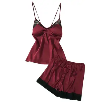 

Women's Sleepwear Sexy Lingerie Pajama Set Lace Pyjamas Femme Sleeveless V-Neck Cute Cami Crop Top And Shorts Nightwear Babydoll
