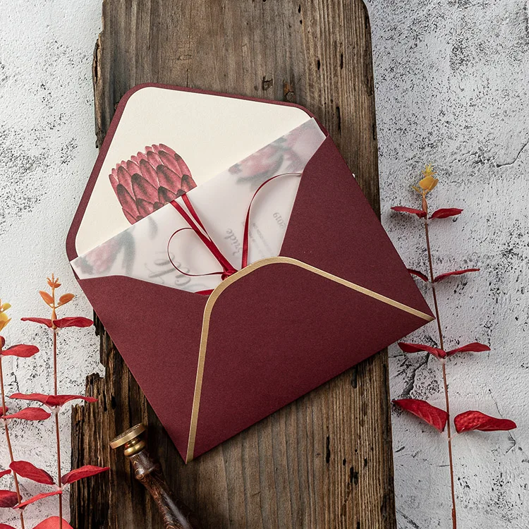  50PCS Wedding invitation custom invitation DIY wine red European retro Phnom Penh envelope sulfate  - 10000008372773