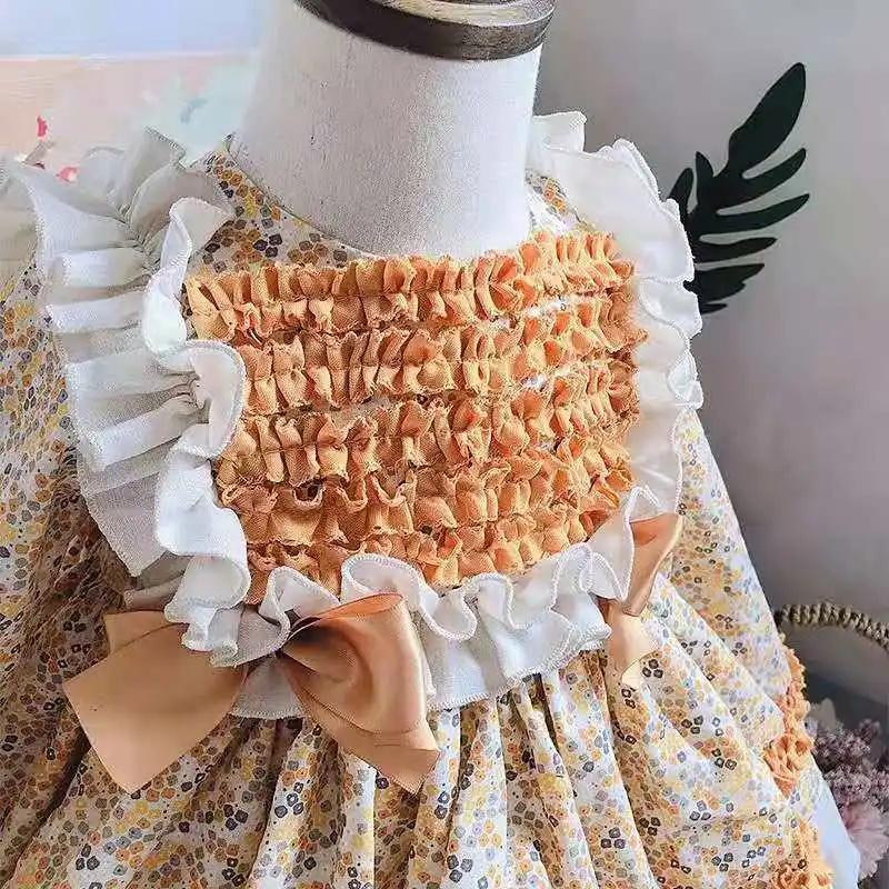 3 предмета, осенне-зимнее винтажное испанское платье для девочек бальное платье принцессы с помпоном вечернее платье Лолита для девочек, платье с длинными рукавами и бантом - Цвет: Золотой